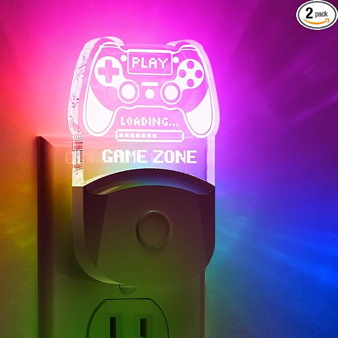 L LOHAS LED Game Sign Gamepad Shape Night Light, Plug in Night Light with Multi Color Personalized, Dusk to Dawn Sensor, Ideal for Boys, Game's Room Decor, Bedroom[2 Pack]