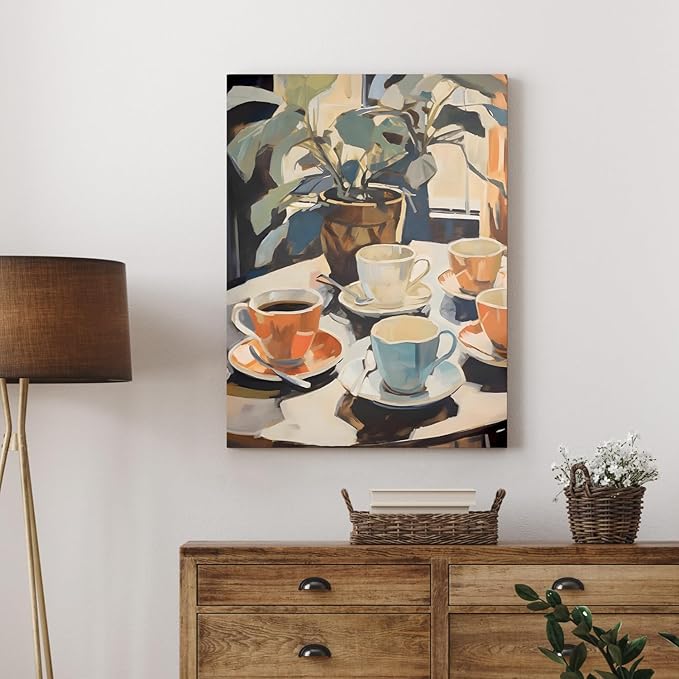 Cyebmo Framed Retro Coffee Wall Art, Coffee Cup Plant Wall Decor, Watercolor Cafe Canvas Painting, Minimalist Vintage Travel Food Poster Print for Home Office Cafe Bar Living Room 16x24 Inch
