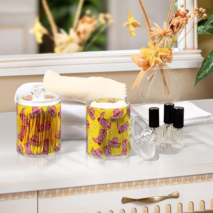 Western Cowboy Stars Yellow Bathroom Containers Holder with Lids Set Clear Jars 2 Pack Plastic Makeup Storage Organizer 4.13 x 2.75In for Vanity Balls Floss Picks