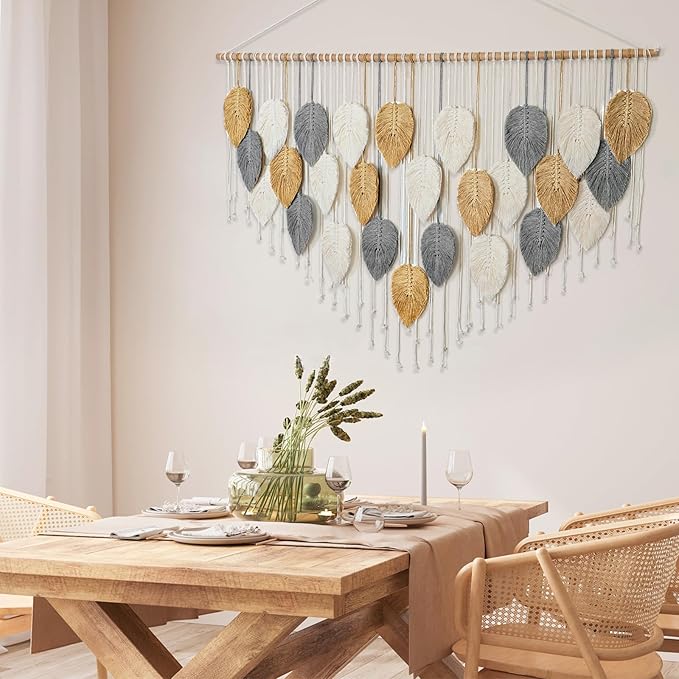 KHOYIME Large Macrame Wall Hanging Boho Woven Tapestry, Chic Modern Home Decor Bohemian Farmhouse Handmade Leaf Feather Wall Art Decorations for Living Room Bedroom Nursery Dorm Backdrop 51.5"W X 33.5"L
