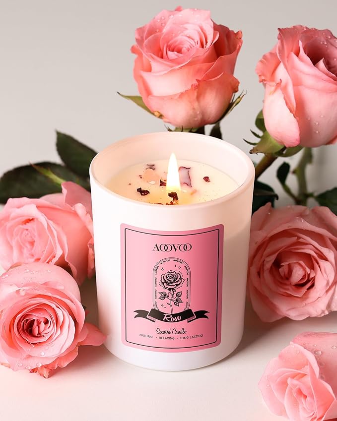 AOOVOO Rose Scented Candles for Women - Aromatherapy Candle with Crystals Inside, 7oz Soy Candles for Home Scented, Valentines Day Birthday Gifts Valentines Day Candle for Women Mom (Pack of 2)