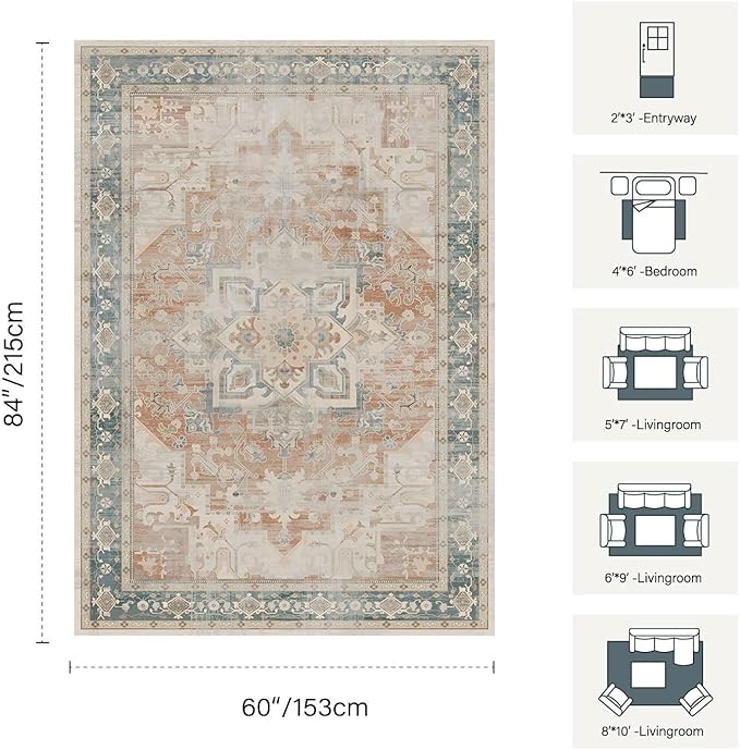 Rugxara 5X7 Washable Area Rug for Living Room, Neutral Vintage Boho Rugs for Office, Dining Room, Kids Room, Farmhouse, Low Pile Non Slip Carpet for High Traffic Areas, Coral