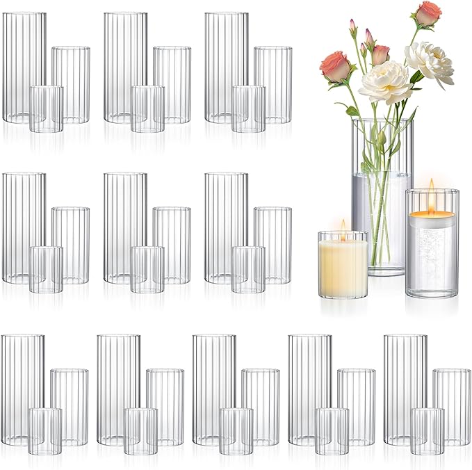 36 Pack Ribbed Glass Cylinder Vases 4,6,10 Inch Tall Clear Flower Vase Hurricane Floating Candle Holder for Table Centerpiece Wedding Home Decor