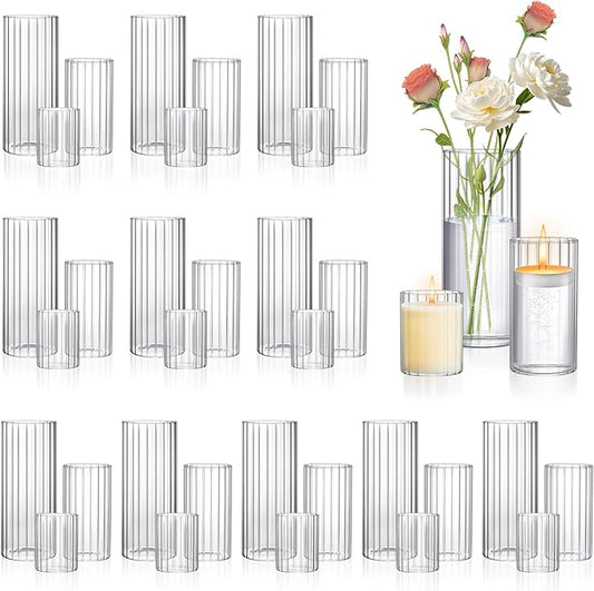 6 Pack Ribbed Glass Cylinder Vases 4,6,10 Inch Tall Clear Flower Vase Hurricane Floating Candle Holder for Table Centerpiece Wedding Home Decor
