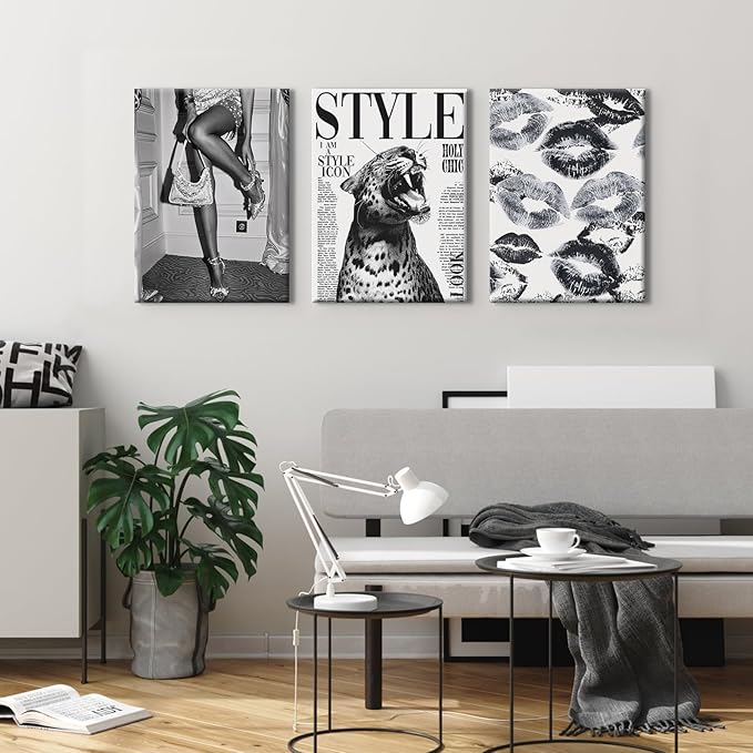 Trendy Leopard Wall Art Black and White Cheetah Canvas Wall Decor Fashion Preppy Room Poster Vintage Y2k Aesthetic Prints Funky Heels Lips Pictures Artwork for Girl Bedroom 16x24x3 Inch Wrapped Canvas