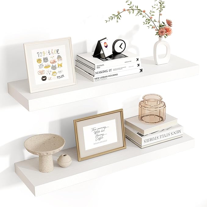 Venusmiles Floating Shelves for Wall 24 inch Long, Engineered Wood Wall Shelves with Invisible Brackets for Living Room Bedroom Bathroom Office Kitchen Decor and Storage, White Finish, Set of 2
