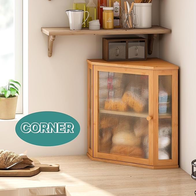 viewcare Corner Bread Box for Kitchen Counter, Bamboo Wood Large Capacity Bread Storage Bin with Acrylic Wavy Door Panel (Natural, Extra Large)
