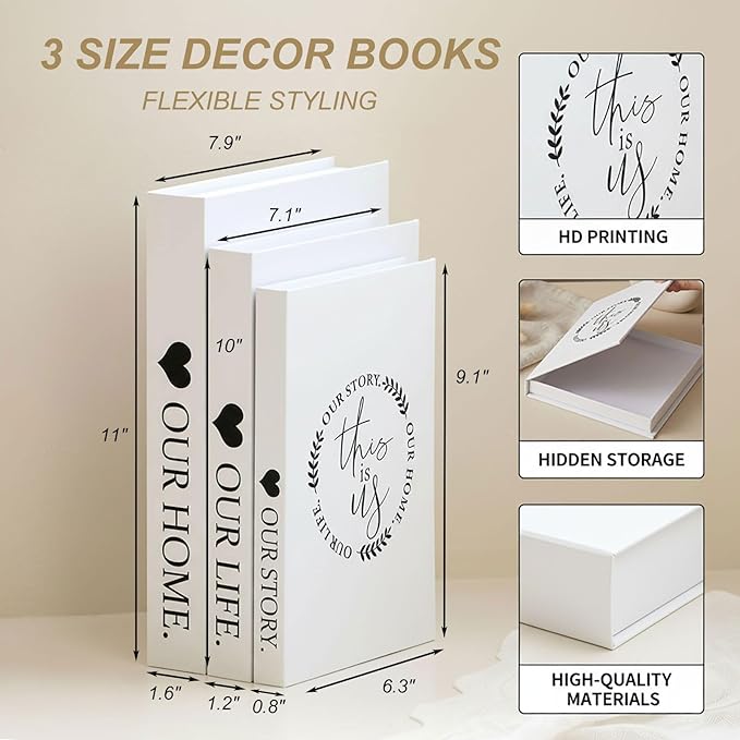 Set of 3 Decorative Book Boxes for Coffee Table Decor, Stylish Fake Books with Hidden Storage, Aesthetic Book Decor for Living Room, Bookshelf & Home Decor, Designer Decor Books Set