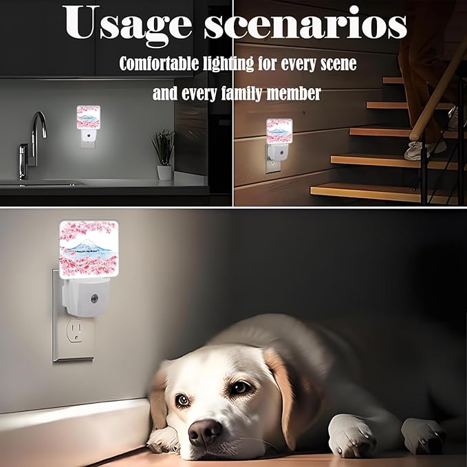 Cherry Blossoms Mount Fuji Night Light,Plug-in Night Lights with Dusk-to-Dawn Sensor for Stairway,Hallway,Bedroom Sleep Friendly Ideal for Women/Girls/Boys Gift,0.5w