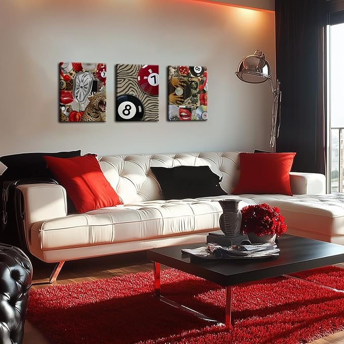 Trendy Leopard Cheetah Wall Art Set of 3, Black Woman Wall Decor Paintings Black Teen Girl Music 8 Ball Poster Canvas Prints Aesthetic for Bedroom Living Room Dorm 12x16 inch Framed