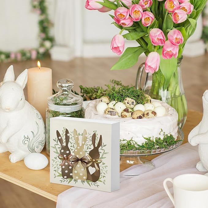 Easter Decor, Rabbit Wooden Box Sign, Rustic Easter Tiered Tray Decorations, Farmhouse Bunny Table Centerpiece Sign for Party Home Kitchen Dining Table Decor 5x5