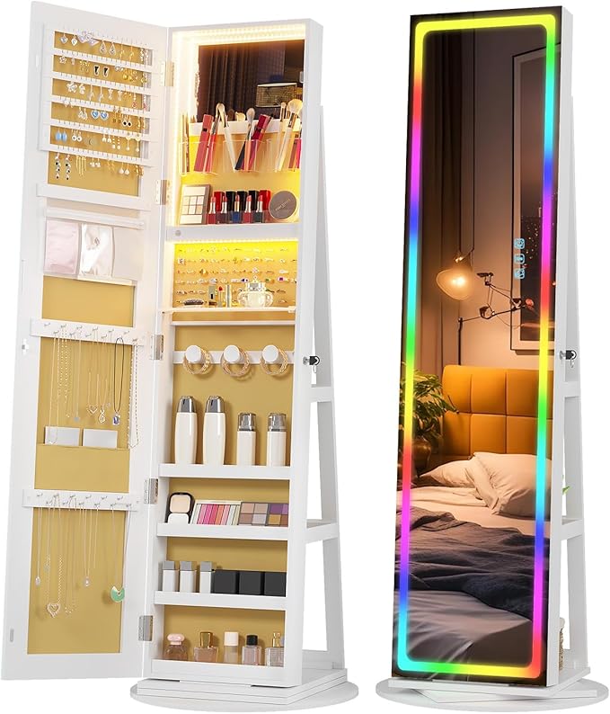 Vlskra Full Length Mirror with Storage, Lockable Jewelry Mirror Cabinet, Large Standing Jewelry Armoire with Mirror for Bedroom, Space Saving, Anti-Tangle Necklace Organizer for Women, White