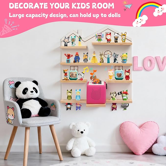 Gieanoo Large Tonie Shelf for Toniebox,for Toniesbox 1 and Toniesbox 2 Tonie Shelf Wall Mounted Magnetic Pine Wooden Floating Shelves Compatible with Tonie Box Player Tonie Figures Storage(White)