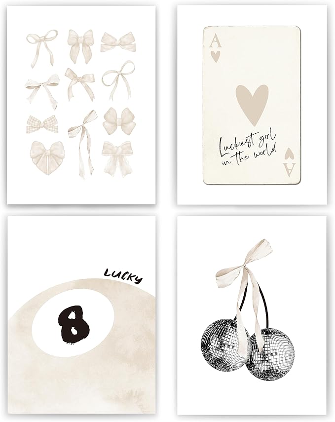 okaxscm Beige Coquette Trendy Preppy Wall Art Prints Set of 4,Coquette Room Decor, Preppy Room Decor Aesthetic,Beige Bow Disco 8 Ball Cherry Wall Decor Posters for Girls Bedroom Dorm, 12x16 Unframed