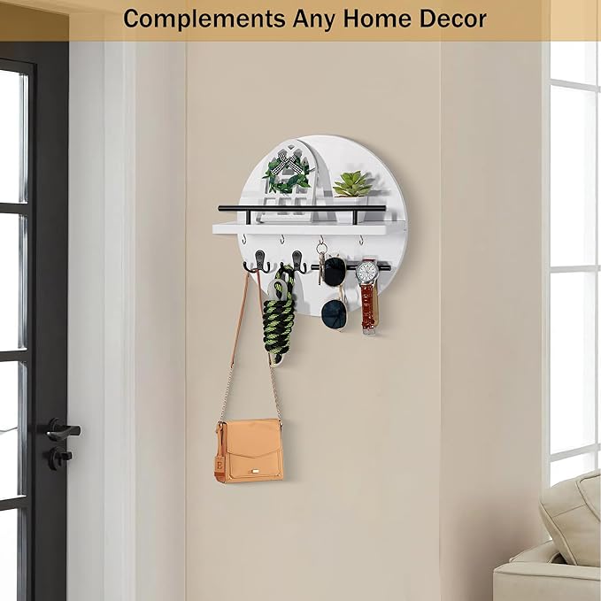 dreampossible Key Holder for Wall Decorative with Shelf and Hooks, Mail Organizer Wall Mount with Sunglasses Holder, Circular Design Entryway Key Rack Hanger, Rustic Home Decor for Mudroom