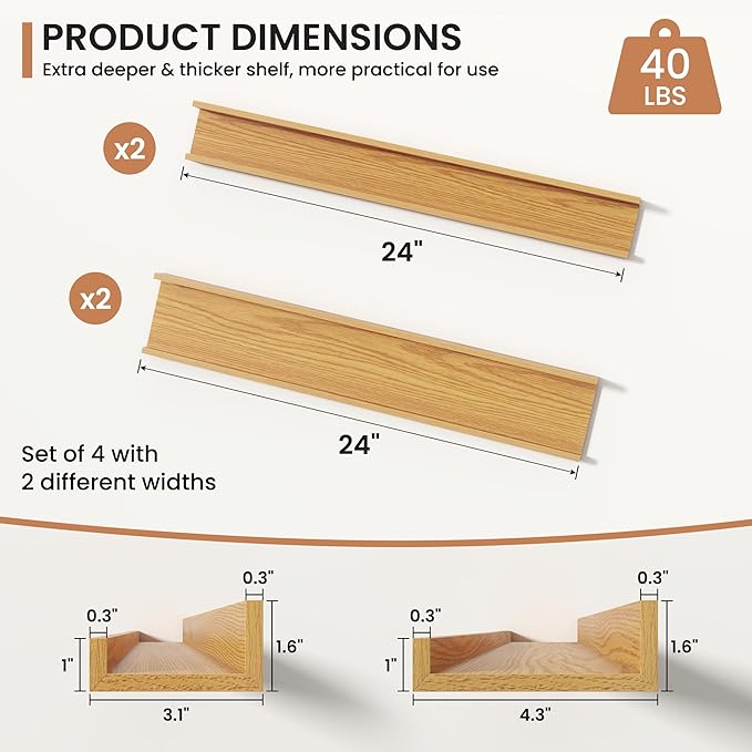 Fun Memories Picture Ledge Shelves Set of 4, 24 Inch Rustic Wall Mounted Floating Shelves with Lip for Home Storage and Décor in Bathroom, Kitchen, Nursery, Bedroom, Living Room, Oak