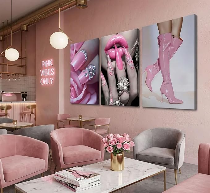 3Pcs Fashion Pink Women Canvas Wall Art Glam Funky Maiden High Heel Pictures Wall Decor Elegant Dreamy Lips Pink Posters Prints Paintings for Living Room Bedroom Home Decoration Prepare To Hang