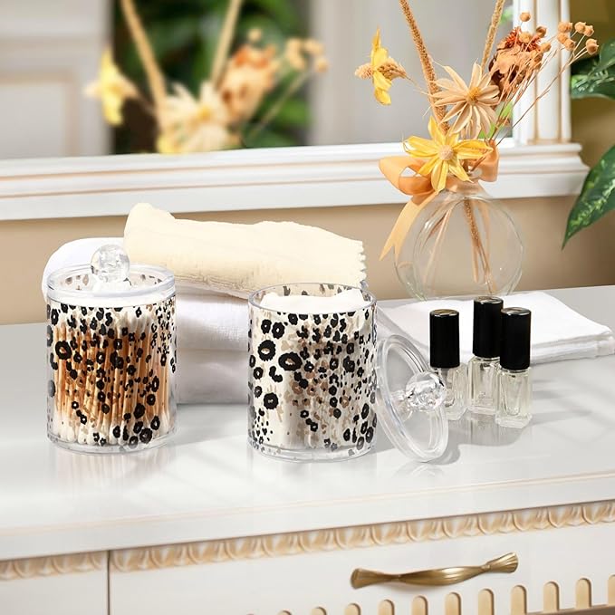 4 Pack Qtip Holder Dispenser Brown Floral Leopard Print Cotton Ball Cotton Swab Round Pads Floss Clear Bathroom Storage Containers Plastic Apothecary Jars
