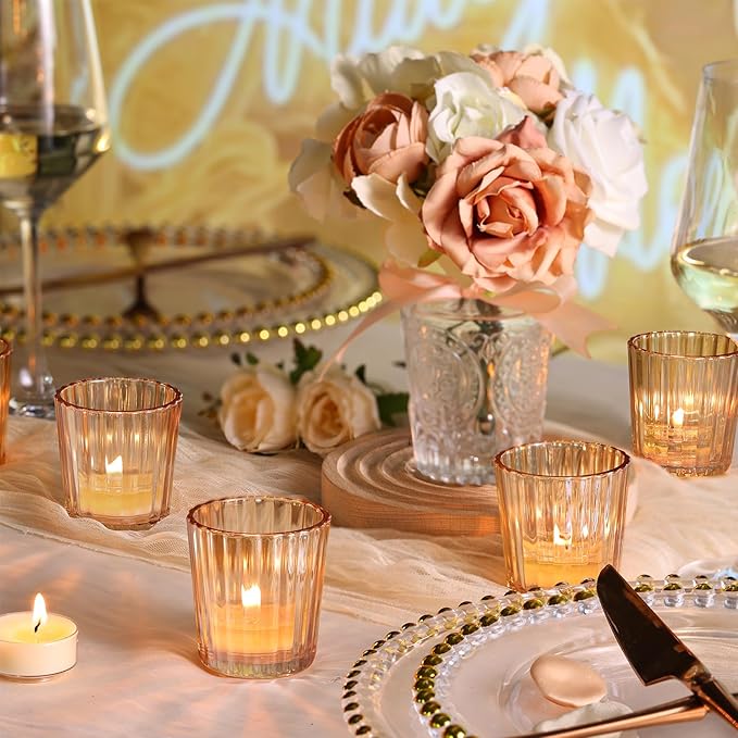NITIME 24PCS Vintage Ribbed Gold Votive Candle Holders, Glass Candle Holder for Wedding Decorations, Tealight Candle Holder for Table Centerpiece, Diwali, Home and Party Decorations