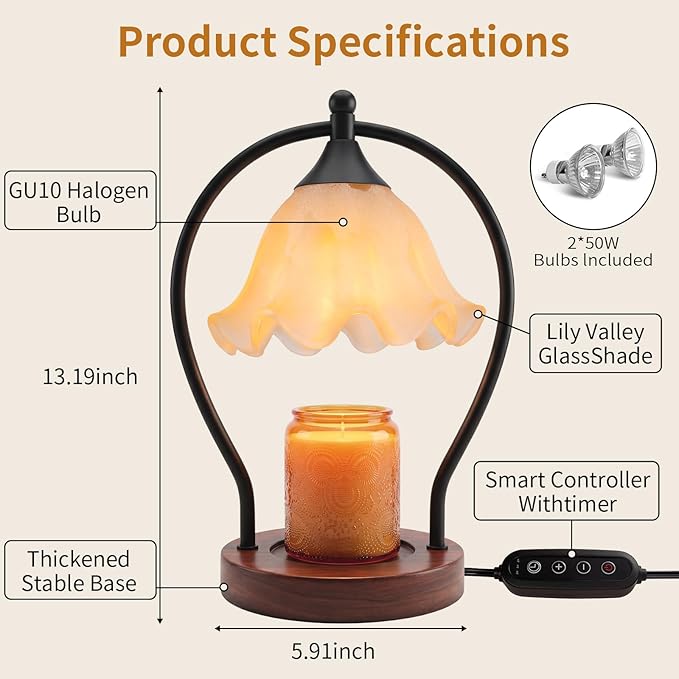 Candle Warmer Lamp with Timer Dimmer - Electric Wax Melt Warmer for Jar Candles, Vintage Lily of the Valley Lamp, Valentines Day Gifts for Women, House Warming Gifts New Home Decor