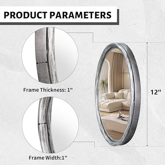 12" Antique Silver Round Convex Mirror, Small Circle Wall Mirror with Thick Metal Framed, Hand-Forged Round Decorative Wall Mirrors for Bathroom, Vanity