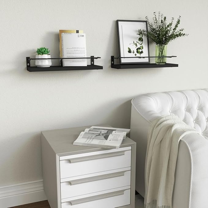 RICHER HOUSE Bathroom Shelves, Black Floating Wall Shelf Organizer Over Toilet Storage with 2 Shelves