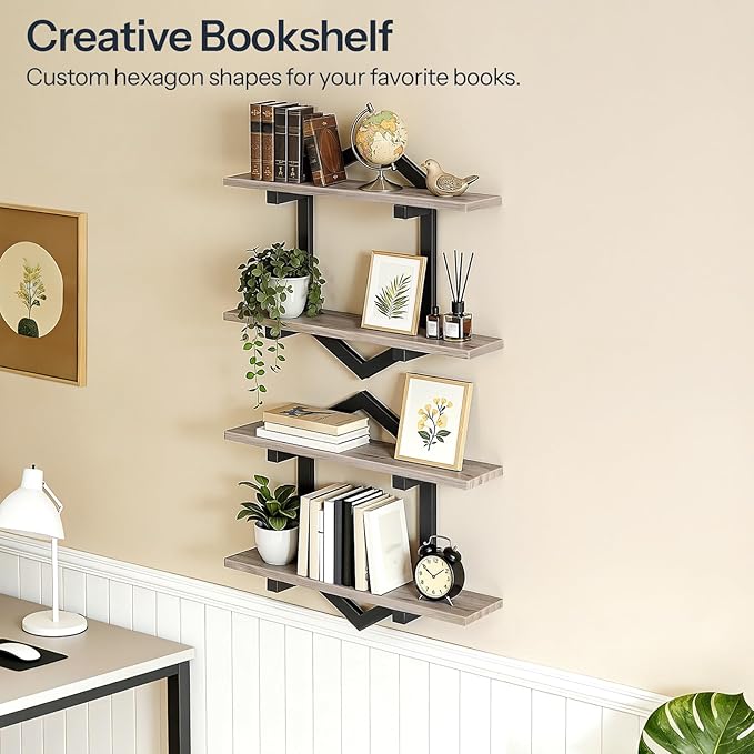 HOOBRO Floating Shelves, 15 Inch Wall Shelf Set of 2, Wall Mounted Storage Shelves 2-Tier, Hanging Bathroom Shelves, for Living Room, Bedroom, Bathroom, Kitchen, Greige and Black BG13BJP201