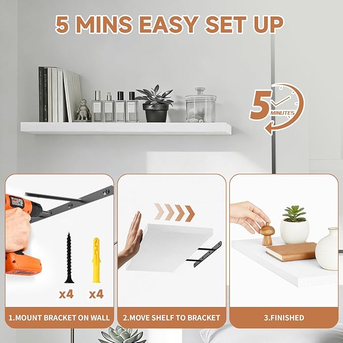 Easy Install Floating Shelves, 15.7 Inch Wall Mounted Wooden Shelf, Small Hanging Shelf for Home Decor, Books and Storage, Organizer for Bedroom, Bathroom, Kitchen, Set of 3, White