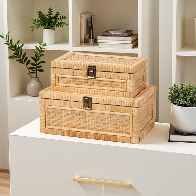 Rattan Box with Lid Decorative Natural Handmade Boho Rattan Baskets Woven Wicker Cane Bins Keepsake Memory Jewelry Boxes Rectangular Desk Shelf Closet Organizer Container (Small Size)