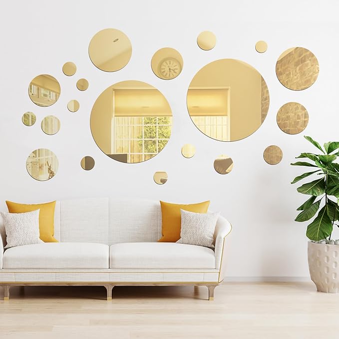 Shappy 32 Pieces Mirror Wall Stickers Removable Acrylic Setting Adhesive Round Circle Mirror Tiles Decals for Home Living Room Bedroom Decor(Gold,Small Size)