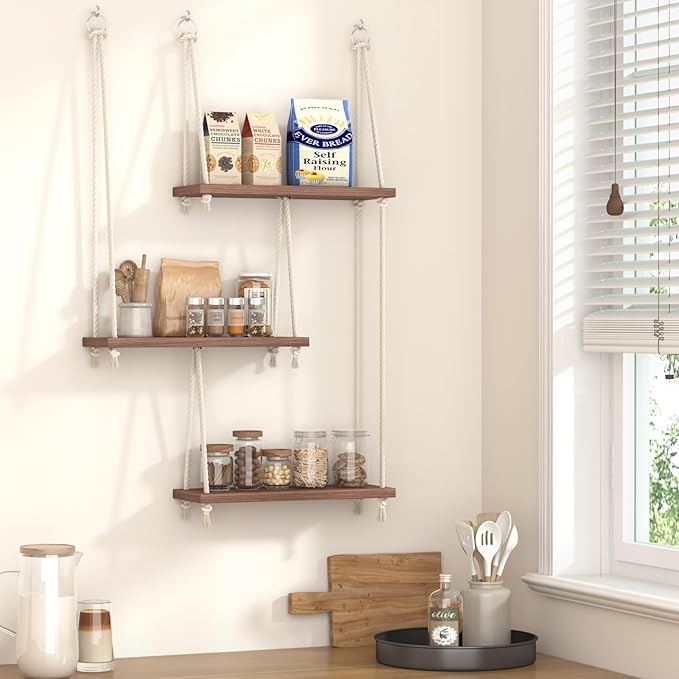 REFGY Hanging Shelves for Wall, 3 Tier Boho Hanging Plant Shelf, Floating Shelves Rope Rustic Wood Organizer Storage Hanger Rack for Aesthetic Home Bedroom Kitchen Bathroom (Champagne Flower)