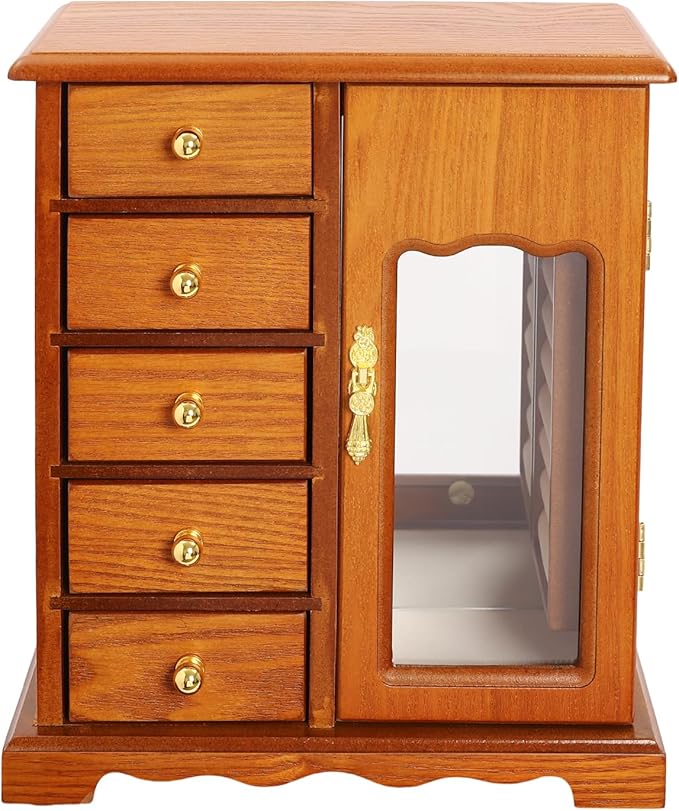 Wooden Jewelry Box, Jewelry Organizer With 5 Drawers Built-in Necklace Carousel and Mirror for Necklaces, Earring, Rings (Light Wood Color)