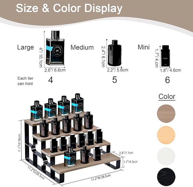 4 Tier Cologne Organizer for Men, Wooden Perfume Organizer Stand, Waterproof Display Shelf Rack for Dresser, Vanity, Figures, Cupcake, Dessert Table(Walnut,Width=11.2")