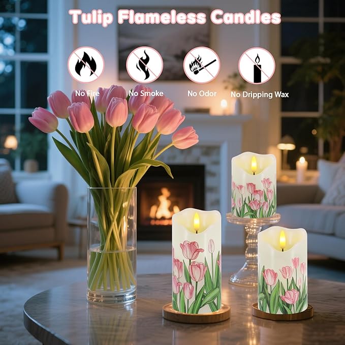Flameless Candles Light, Set of 3 Flickering Tulip Pillar Candles with Remote & Timer, Dimmable Real Wax Electric LED Candles Battery Operated, Birthday Gift Mother's Day Gift for Mom Grandma Women