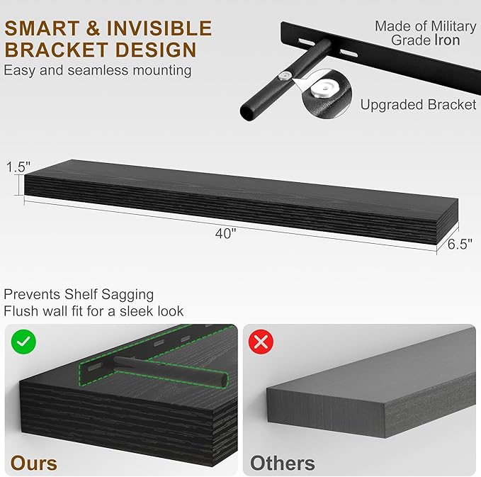 Fun Memories Floating Shelves for Wall, 40Inch Floating Shelves Set of 2, Hanging Shelf with Invisible Brackets, Wood Shelves for Living Room, Bedroom, Kitchen, Black