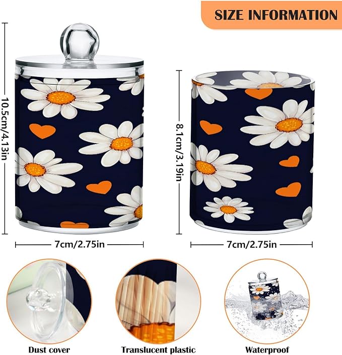 Nander 2Pack Beautiful Daisy Petals Qtip Holder Dispenser -Clear Plastic Apothecary Jars Set - Restroom Bathroom Makeup Organizers Containers for Cotton Swab, Ball, Pads, Floss