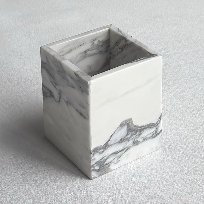 Natural Marble Stone Square Storage Container Empty Vessel Holder Cup for Candle/Pens/Sundries items (Arabescato White)