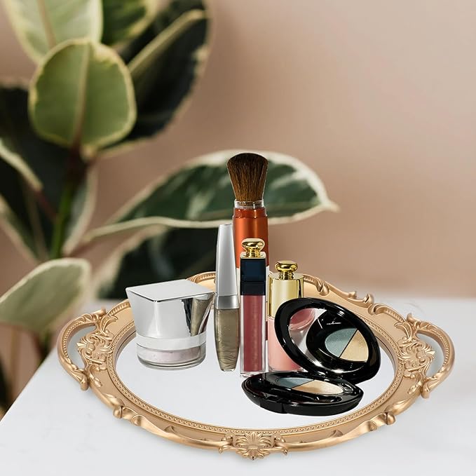 DOITOOL Vintage European Style Gold Oval Mirror Tray Decorative Jewelry and Perfume Storage Plate Photography Prop for Makeup Organizer