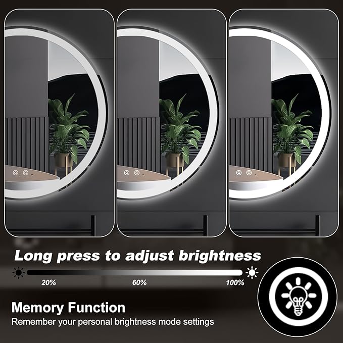 Sweetcrispy 24-Inch Round LED Bathroom Backlit Mirror with Lights, Circle Vanity Mirror with Anti-Fog, Dimmable, 3-Color Light, Memory Function, Tempered Glass