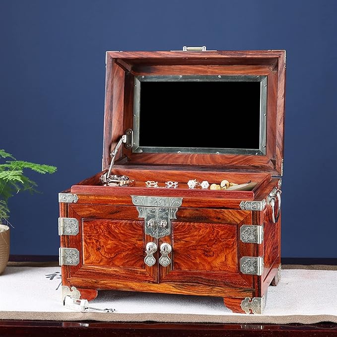 Jewelry storage box Makeup Organizers Traditional Wooden Jewelry Box Treasure Box - Oriental Style Wooden Box for Jewelry, Vintage Treasure Chest with 3 Drawer - Antique Storage Box Jewelry Case