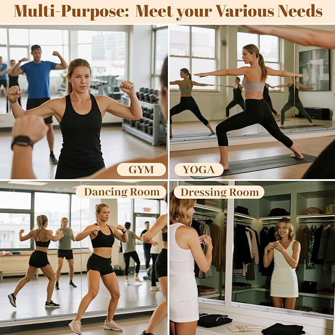 VooBang Home Gym Mirror - 3 PCS 16×56 inches, Large Frameless Wall Mounted Full Length Body Mirror for Dancing Studio, Exercise, Fineness, Yoga, Tempered Glass