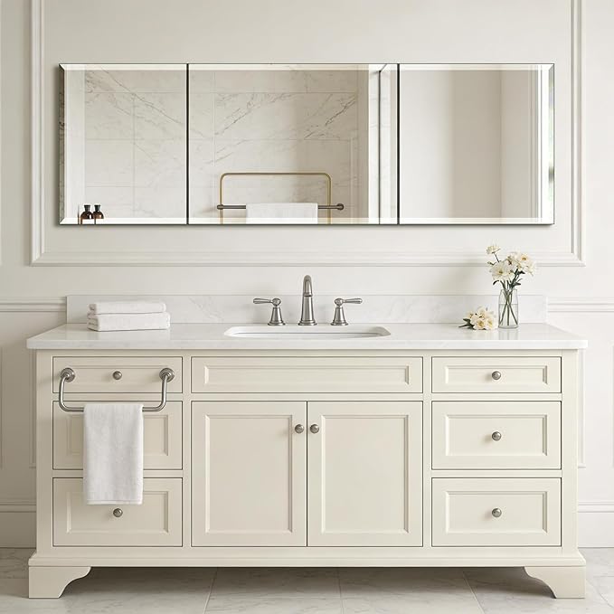 Ruomeng Frameless Full Length Mirror for Wall, 55x16 Inch Bathroom Vanity Mirror Farmhouse, Large Rectangle Mirror with Beveled Edge, Tempered Glass, Hangs Horizontally or Vertically