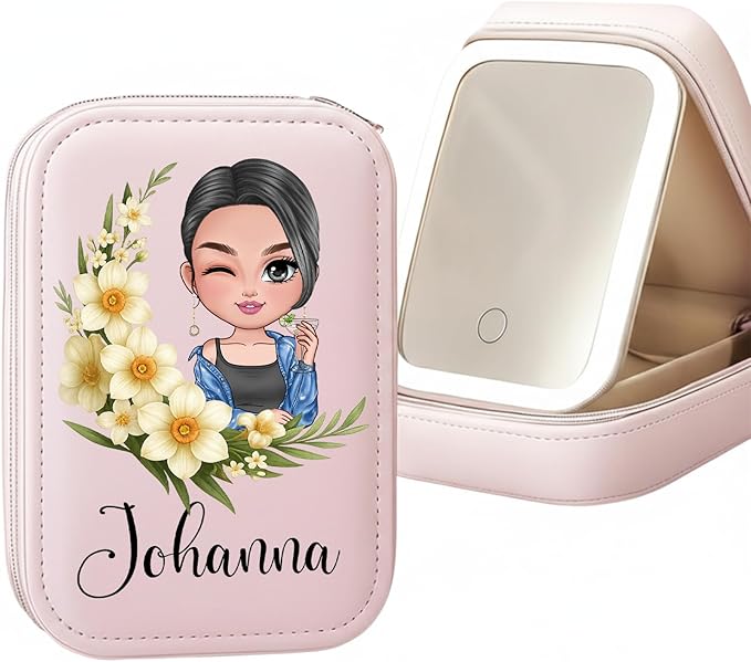 WANDERPRINT Personalized Floral Makeup Box with LED Mirror – Custom Name Birth Month Flower Jewelry Organizer, Travel Cosmetic Case Gift for Women & Girls on Christmas Birthday (Birth Month Girl 3)