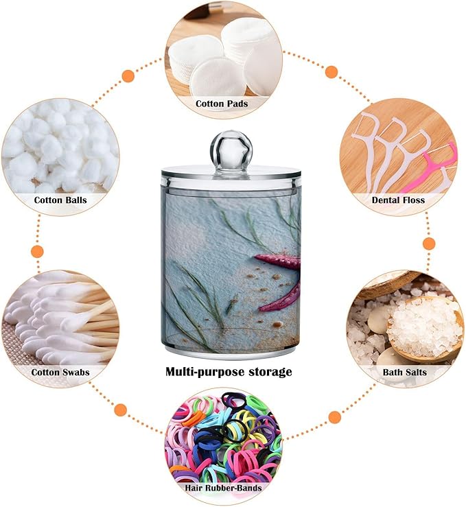 2 Pack Apothecary Jars,Starfish on Sand Bathroom Vanity Storage Organizer Set,Small Clear Plastic Storage Jars Bathroom Canister for Cotton Swabs,Rounds,Balls,Qtips,Makeup Sponges