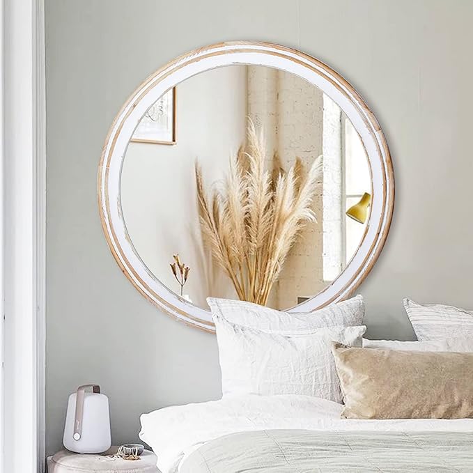 Reflinto 30 Inch Rustic Farmhouse Wooden Round Mirrors for Wall Decor, Washwhite Circle Decorative Mirror for Bathroom Over Sink, Entryway, Living Room, Foyer