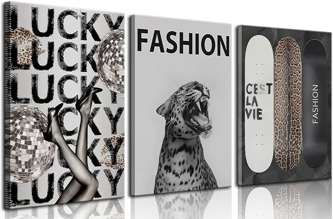 Trendy Leopard Canvas Wall Art Fashion Cheetah Lucky Skateboard Wall Decor Pictures Funky Vintage Preppy Luxury Aesthetic Posters Prints for Girly Bedroom Apartment Dorm Decoration 16x24in