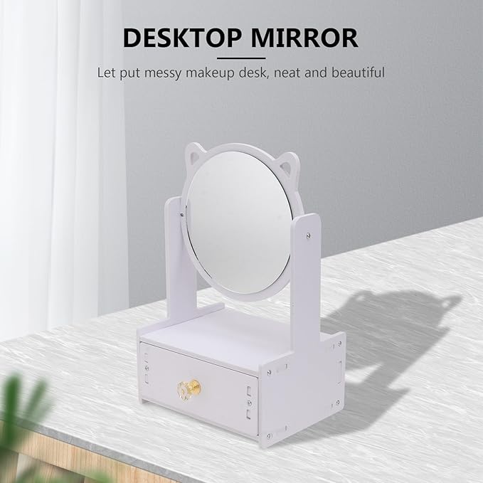 Desktop Cosmetic Mirror with Storage Drawer, Large Round Rotating Makeup Mirror for, Portable Vanity Organizer Box for Home and Bedroom Use