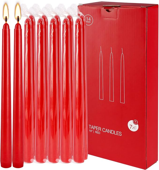 WPONSZU 14 Pack Tall Red Taper Candles 10 Inch Unscented Dripless Candlesticks for Christmas,Valentine's Day,Dinner,Party,Brithday,Wedding and Home Decoration - 8 Hour Burn Time.