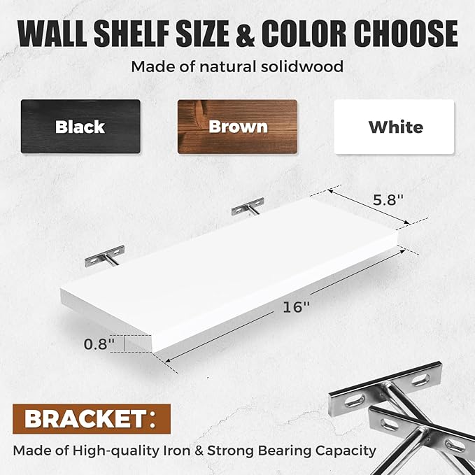 Floating Wall Shelves 2-Pack - Rustic White 16-inch Wooden Wall Shelves for Storage and Décor, Multi-Functional and Easy to Install for Living Room, Bedroom, and Kitchen