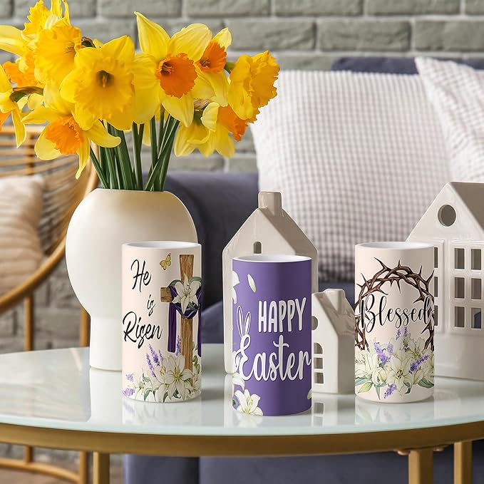 Retisee 3 Pcs He is Risen Easter LED Candles Cross Easter Flameless Candles Battery Operated with Remote Christian Bunny Flower Rabbit Spring Decor for Bedroom Living Room Decorative